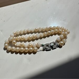 Vintage VTG Trifari double strand costume pearl bracelet with rhinestone clasp